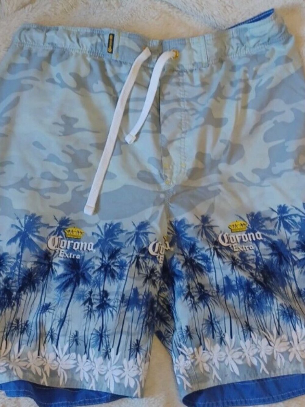 Corona Mens Swim Trunks L Blue Palm Trees Beach Short Corona Extra Logo
